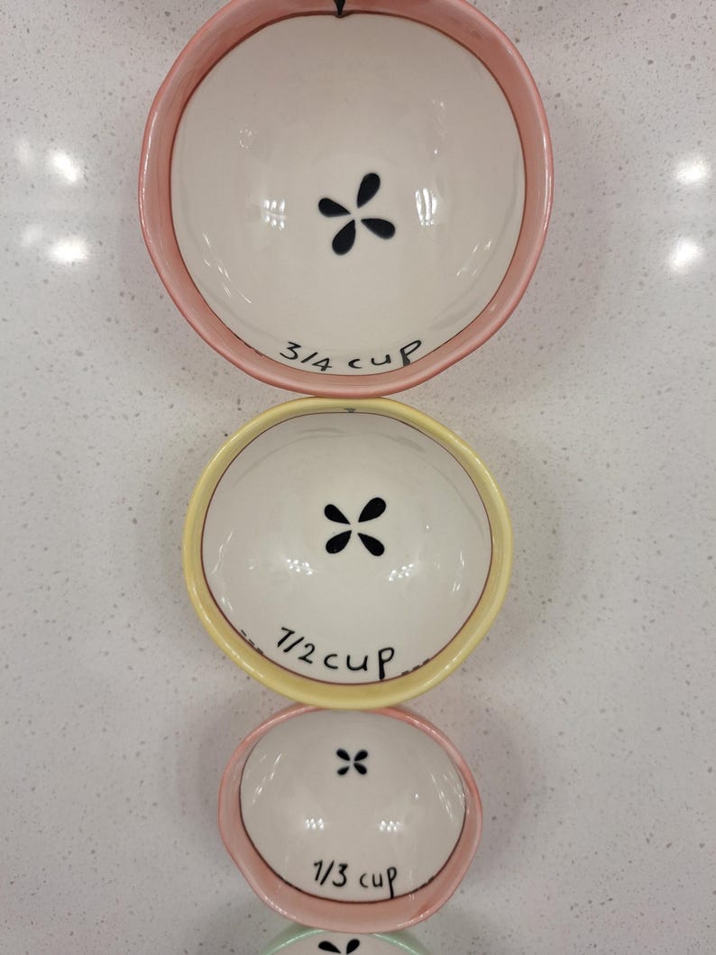 Pu&ograve; includere: Un set di misurini in ceramica di varie dimensioni. Ogni tazza ha un interno bianco con un motivo floreale nero e un bordo colorato. Le tazze sono etichettate con misure: 3/4 tazza, 1/2 tazza e 1/3 tazza.