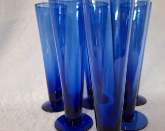 Vintage Cobalt Blue Pilsner Beer, Cocktail Glasses, Handblown, Blue Ombre, Set of 6
