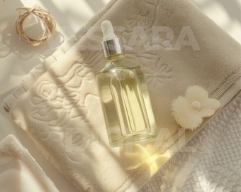 Decorazione murale estetica per spa calma / Decorazione minimalista per il bagno / Asciugamano beige e profumo / Download digitale PNG