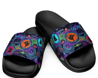 Psychedelic Men’s Slides | Festival Rave Footwear with Cosmic Kitty Cosmina and Subwoofer Design | Bright Color Dopamine Dressing