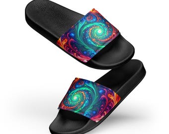 Dopamine Dressing Slides: Bright, Psychedelic Art Sandals for Festivals & Beaches with a Boho Vibe and Cosmic Swirls