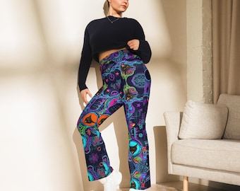 Festival Cat Flare Leggings, Psychedelische Hose, Dopamin Dressing, Retro Yoga Wear, Original Cat Art Design