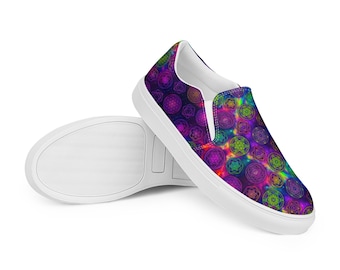 Scarpe slip-on in tela con geometria sacra psichedelica e cielo notturno / Dopamine Dressing / Calzature cosmiche colorate da donna per festival