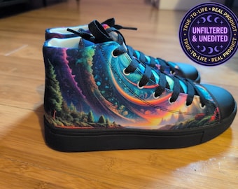 Trippy Lake Sky Womens High Top Canvas Shoes | Dopamine Dressing, Stargazer Gear
