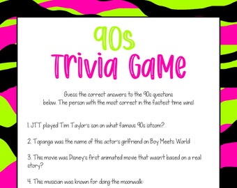 90s Trivia Game Printable | Girls Night Game | Virtual Party Game | 1990s Trivia Game | 90s Party Game |  Adult Party Game | Birthday Game