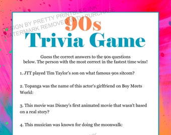 90s Trivia Game Printable, Girls Night Game, 90s Party Game, Adult Birthday Game, Adult Party Game, 1990s Trivia Game, 90s Bachelorette Game