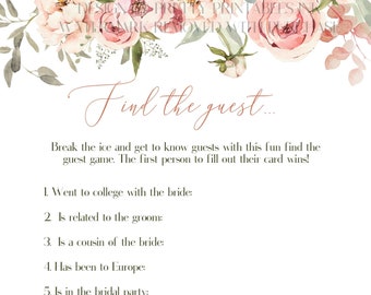 Find the Guest Bridal Shower Game | Instant Download Wedding Shower Game | Printable Pink Floral Game | Icebreaker Game