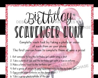 Printable adult scavenger hunt game | adult flamingo birthday game | Scavenger hunt for an adult birthday | Birthday bar hunt game