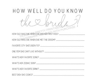 Bridal Shower Game, How Well Do You Know the Bride Printable, Bridal Shower Activity, Who Knows the Bride Best Game, Bridal Quiz Game