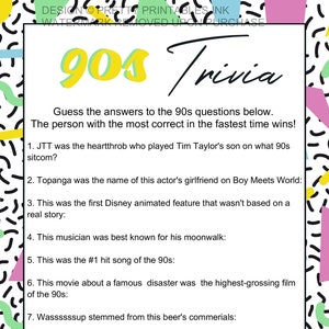 90s Party Game 90s Trivia Game Printable Girls Night Game Etsy