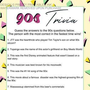 90s Party Game 90s Trivia Game Printable Girls Night In Etsy
