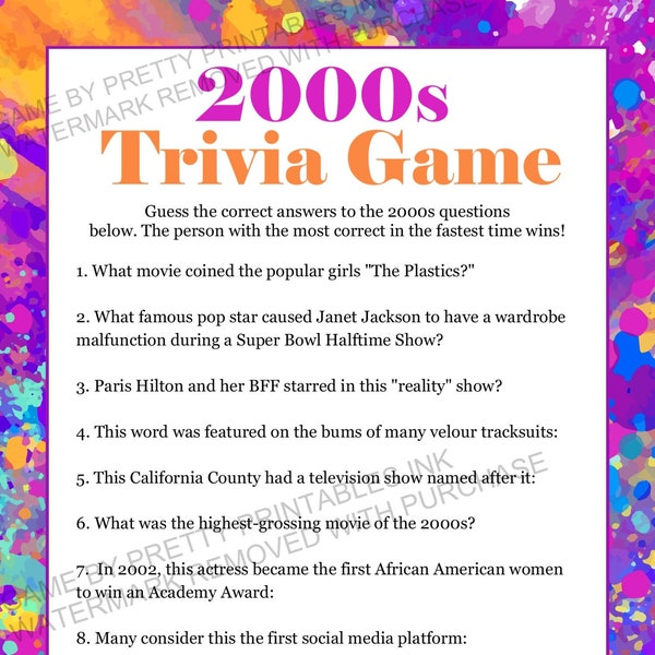 2000s Trivia Game Printable, 2000s Party Game, Girls Night in Game, Y2K Party Game, 00's Trivia Game, 21st Birthday Game, bachelorette game