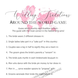 Druckbare Reise Unter dem Motto Brautparty Spiel | Hochzeitstraditionen auf der ganzen Welt Spiel | Hochzeit Traditionen Brautparty Spiel
