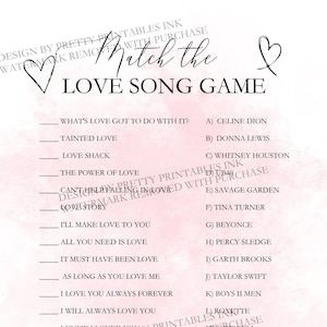 Bridal shower game printable, love song game, blush bridal shower games, match the love song game, name that tune game, match the song game