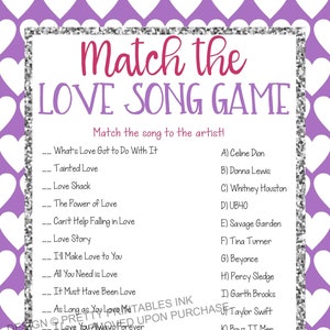 Bridal Shower Game Printable, Love Song Game, Match the Love Song Game, Engagement Party Game, Game for Bridal Shower