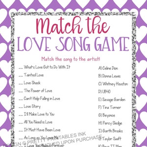 Printable Valentine's Day game, Valentine's Party Game, Match the Love Song Game, Valentine's Day Printable Game, Galentine's Game image 1