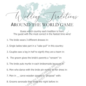 Wedding Traditions Game | Wedding Traditions Bridal Shower Game | Travel Bridal Shower Game Printable | VIrtual Bridal  Shower Game