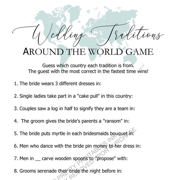 Wedding Traditions Game | Wedding Traditions Bridal Shower Game | Travel Bridal Shower Game Printable | VIrtual Bridal  Shower Game