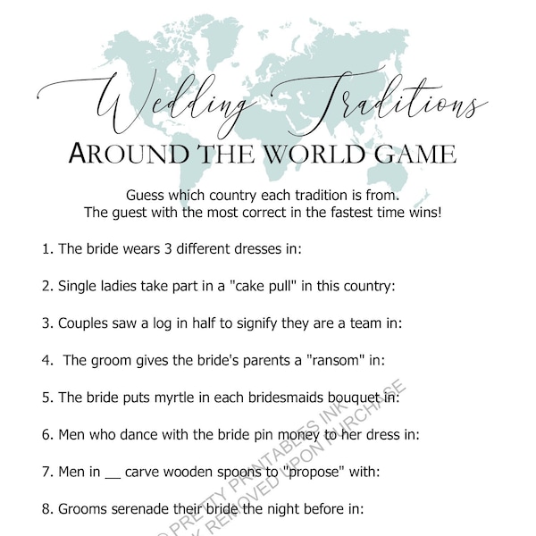 Wedding Traditions Game | Wedding Traditions Bridal Shower Game | Travel Bridal Shower Game Printable | VIrtual Bridal  Shower Game