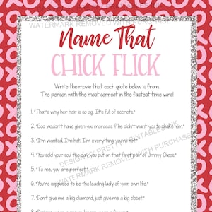 Peut inclure: Une carte de jeu imprimable avec une bordure à motif XOXO rouge et blanc. Le titre est "Name That Chick Flick" en texte rose et blanc. Les instructions du jeu sont d'écrire le film auquel chaque citation ci-dessous appartient. La personne qui a le plus de bonnes réponses dans le temps le plus rapide gagne. Le jeu comprend 11 citations de films.