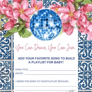 Lista de reproducción imprimible para la primera fiesta de bienvenida al bebé / Actividad para baby shower de Mama Mia / Juego para baby shower con la lista de reproducción para crear para el bebé / Tarjeta para compartir tu canción favorita