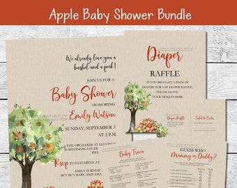 Apple Baby Shower Set with fall baby shower invitation, diaper raffle card, diaper raffle sign, baby trivia game and mommy or daddy game
