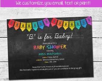 Lehrer-Babyparty-Einladung zum Ausdrucken, Klassenzimmer-Babyparty-Einladung, B steht für Baby-Einladung, Schul-Babyparty-Einladung