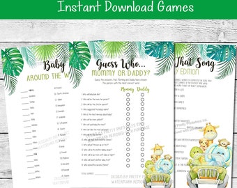 Safari Baby Shower Games Bundle - Baby Song Game, Mommy or Daddy Game and Baby Around the World Game with Jungle Animals