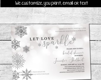 Winter Bridal Shower Invitation, Snowflake Bridal Shower Invitation, Let Love Sparkle Invite, Winter Wonderland Invite, Winter Bokeh Invi