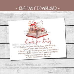 Boeken voor babykaart afdrukbaar, babyboekverzoek gedicht, paddestoel babyboekkaart, breng een boek mee in plaats van een kaart, bosrijke babyshower