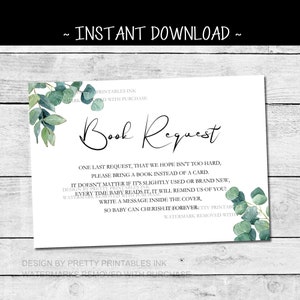 Groen babyshower boek verzoekkaart, boeken voor baby kaart afdrukbaar, babyboek verzoek gedicht, breng een boek mee in plaats van een kaart