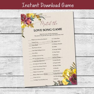 Fall Bridal Shower Game, Match the Love Song Game, Love Song Game for Fall Bridal Shower, Guess the Love Song Game, Wedding Shower Game