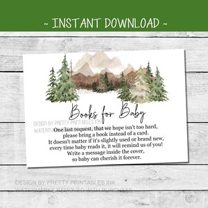 Mountain babyshowerboeken voor baby kaart afdrukbaar, babyboek verzoek gedicht, breng een boek mee in plaats van een kaart, gedicht voor babyboeken