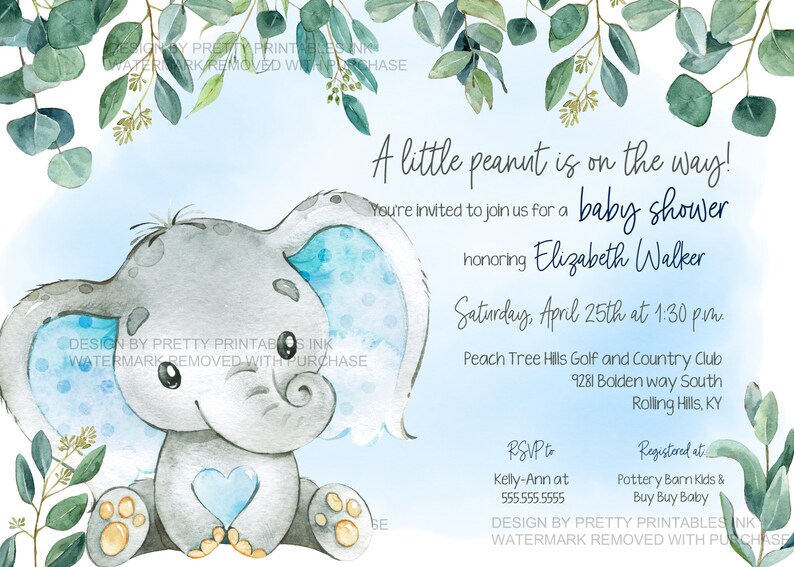 Watercolor elephant baby shower invitation featuring a watercolor elephant with blue ears, watercolor eucalyptus greenery along the top and a light blue watercolor background. The top says a little peanut is on the way followed by baby shower details
