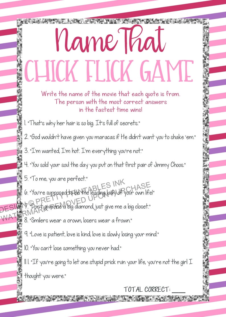 Instant Download Girls Night Game, Name That Chick Flick Game, Movie Quote Game, Virtual Girls Night Game image 1