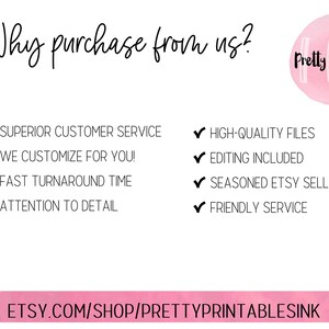 K&ouml;nnte beinhalten: Eine rosa und wei&szlig;e Grafik mit dem Text "Warum bei uns kaufen?" und einer Liste von Gr&uuml;nden, warum man bei Pretty Printables kaufen sollte, darunter hervorragender Kundenservice, Anpassung, schnelle Bearbeitungszeit, Liebe zum Detail, hochwertige Dateien, Bearbeitung inklusive, erfahrener Etsy-Verk&auml;ufer und freundlicher Service. Die Grafik enth&auml;lt auch den Text "ETSY.COM/SHOP/PRETTYPRINTABLESINK".