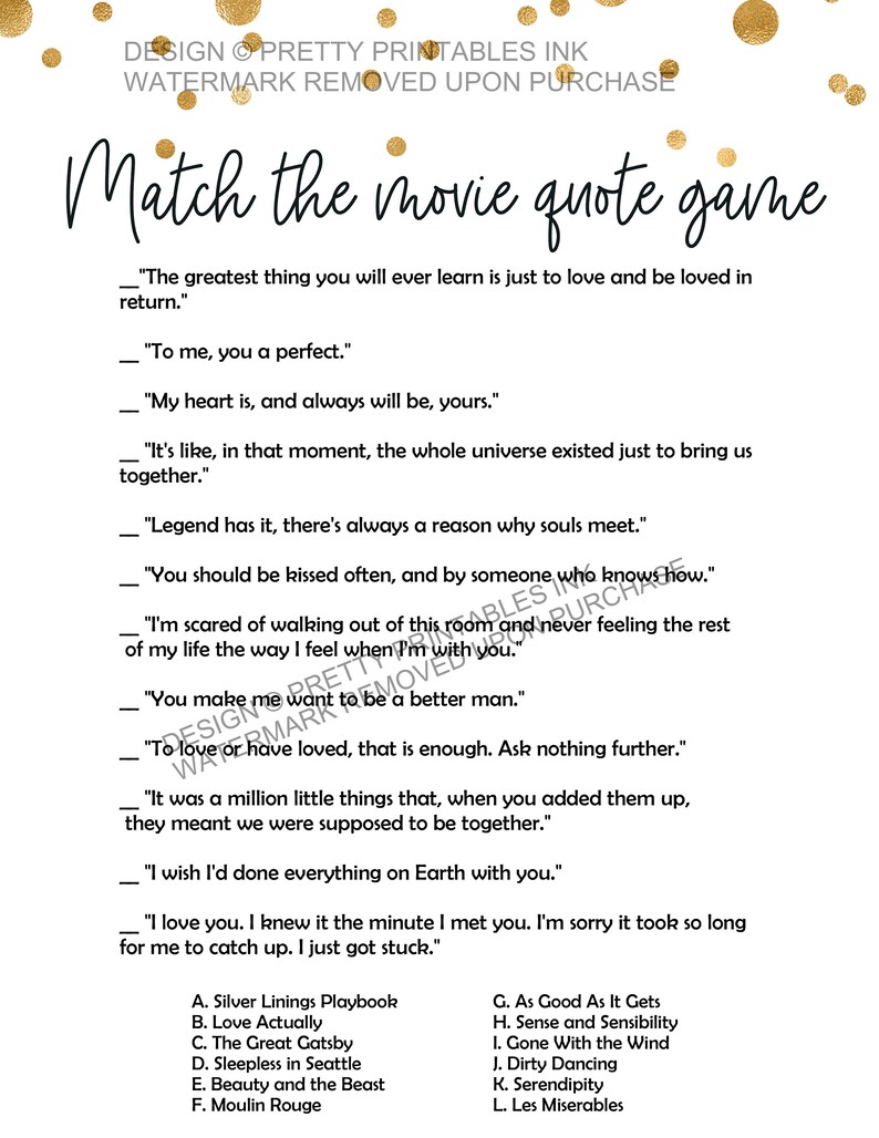 Printable Movie Love Quotes Game Bridal Shower Game - Etsy