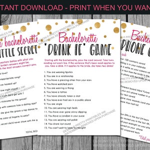 Gold, black and pink bachelorette games bundle with three games - bachelorette dirty little secrets, drink if game, and bachelorette phone game