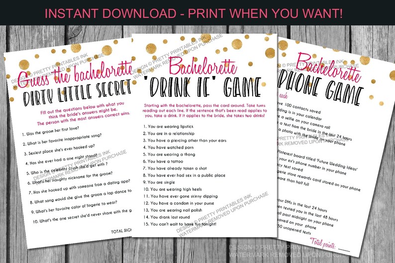 Gold, black and pink bachelorette games bundle with three games - bachelorette dirty little secrets, drink if game, and bachelorette phone game