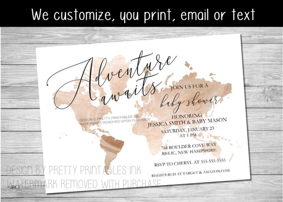 Printable adventure awaits baby shower invite, travel baby shower invite, gender-neutral baby shower invite, customized baby shower invite Il_570xn