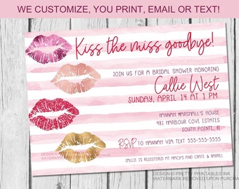 Kiss the miss goodbye bridal shower invitation (printable), kiss the single life goodbye invite, pink bridal shower invite