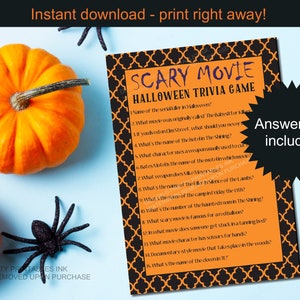 Adult Halloween Game Printable: Scary Movie Trivia, Black and Orange Pattern (PDF, Digital Download)