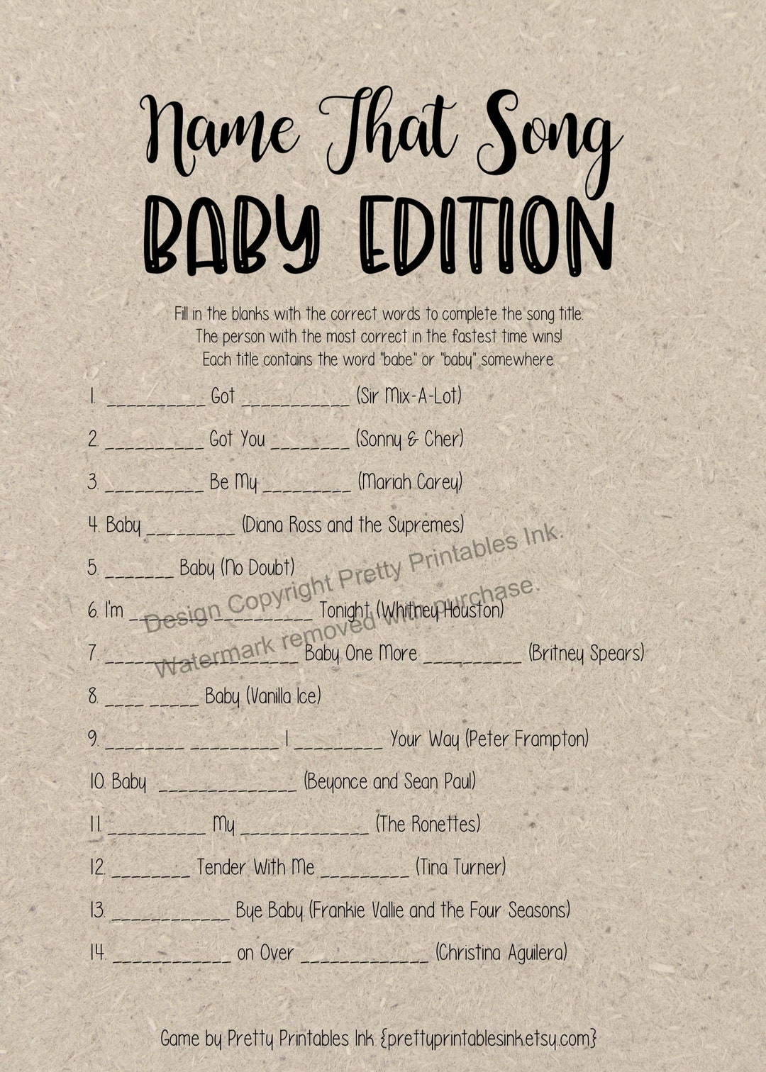 Name That Song Baby Shower Game, Name That Tune Baby Shower Game ...