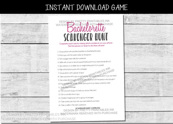 Bachelorette scavenger hunt game printable, bachelorette game printable, photo hunt game printable, pink and black bachelorette party game Il_570xn