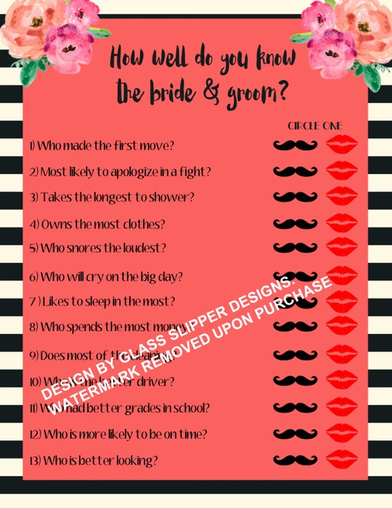 Printable Game INSTANT DOWNLOAD Black White and Pink Watercolor Flowers How Well Do You Know the Bride? Bridal Shower Game