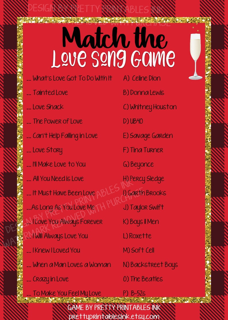 Bridal Shower Game Printable Match the Love Song Bridal Etsy