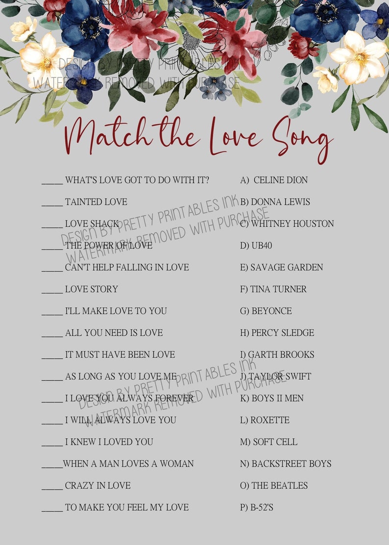 Fall Bridal Shower Game Love Song Game Love Song Quiz Match Etsy