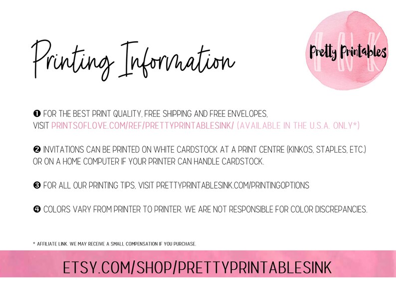 K&ouml;nnte beinhalten: Eine rosa-wei&szlig;e Grafik mit dem Text "Printing Information" und "Pretty Printables". Die Grafik enth&auml;lt Anweisungen zum Drucken von Einladungen, einschlie&szlig;lich Informationen &uuml;ber Druckqualit&auml;t, Versand und kostenlose Umschl&auml;ge. Die Grafik enth&auml;lt auch einen Link zu Etsy.com/shop/prettyprintablesink.