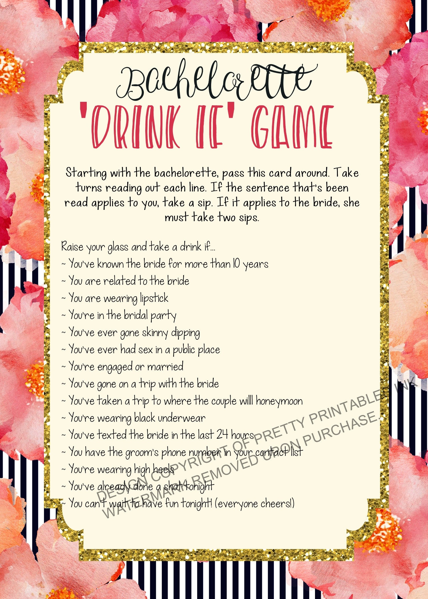 Printable bachelorette game/ bachelorette drinking game / | Etsy