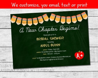 Printable teacher bridal shower invitation |  classroom shower invitation | teacher shower invite | pencils and apple teacher invitation